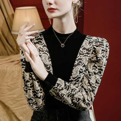 法式立领蕾丝拼接丝绒上衣女