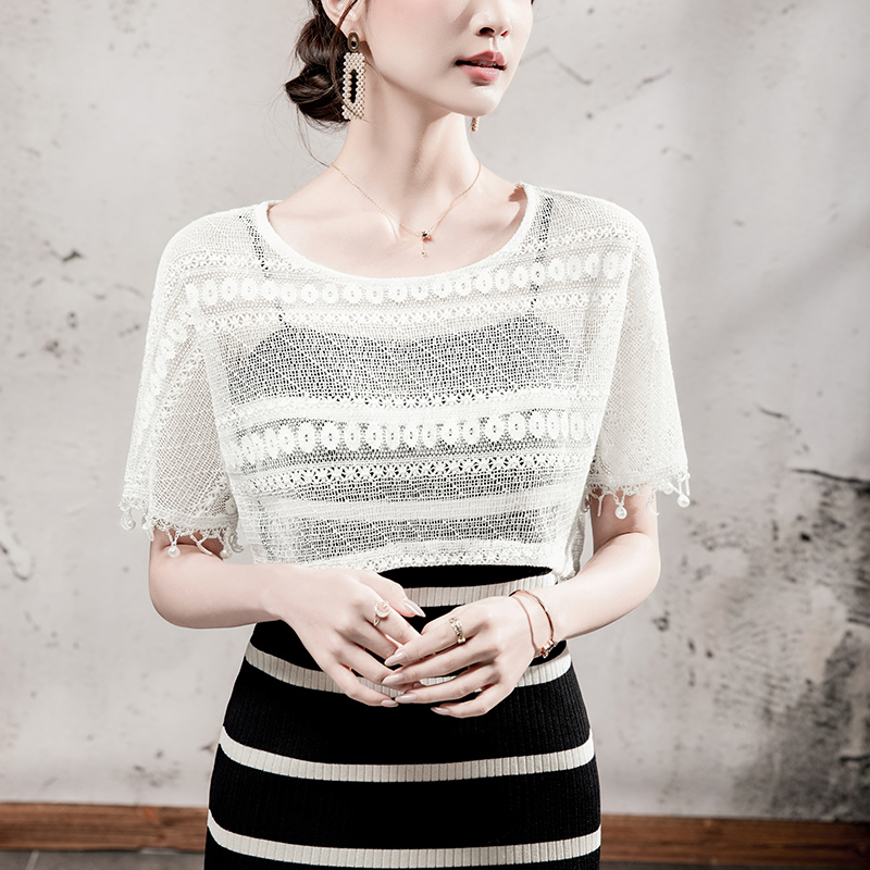 镂空蕾丝外搭T恤女短袖宽松2025秋季女装钉珠袖口透视短款上衣