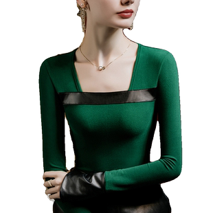 法式方领磨毛打底衫女修身2026秋季新款PU皮拼接喇叭袖洋气小衫