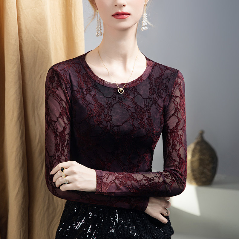 优雅蕾丝打底衫女长袖2025秋冬新款植绒女装印花透视洋气上衣
