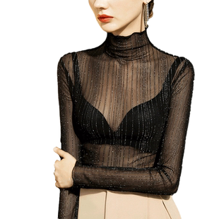 2026春季高领网纱打底衫女修身条纹亮丝性感透视长袖女装T恤上衣
