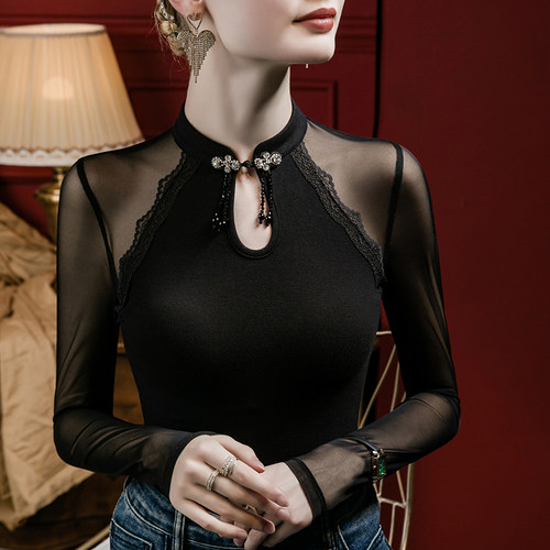 新中式旗袍领网纱拼接上衣女