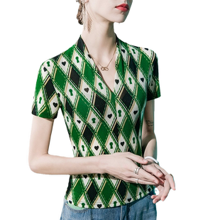 格子印花V领T恤女短袖修身2025秋季新款拼色洋气小衫夏装上衣女装