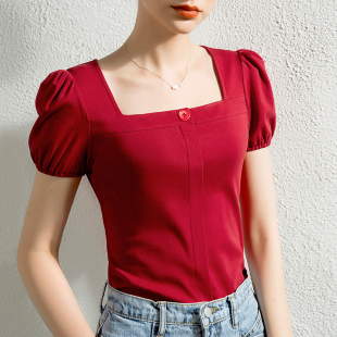 夏装 上衣女短袖 纽扣洋气修身 女式 法式 T恤2025秋季 复古方领泡泡袖