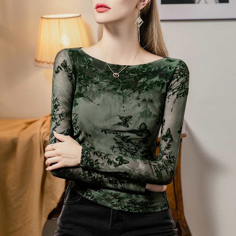 植绒印花网纱上衣女修身2024秋季