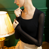 新款 T恤性感长袖 方领网纱打底衫 舞蹈女装 上衣瑜伽 女修身 2026春季