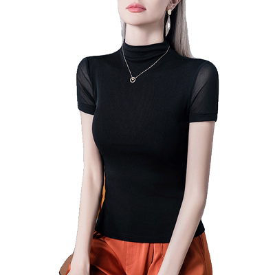 夏季半高领网纱T恤女短袖