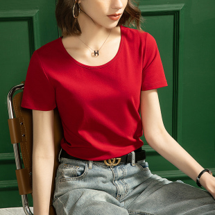 白色打底衫 欧版 棉t圆领T恤女短袖 宽松休闲纯色2026夏季 上衣春款