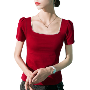 法式珍珠拼接方领短袖T恤女泡泡袖复古2026夏季新款女装纯色上衣