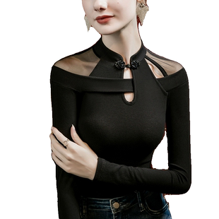 旗袍领中国风上衣女修身2026秋季新款盘扣小众设计洋气镂空打底衫