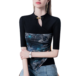 中式旗袍立领T恤女五分袖2026秋季新款盘扣印花拼接中袖女装上衣