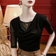 女装 假两件网纱上衣女五分袖 中袖 褶皱半袖 修身 遮肉显瘦2026秋季