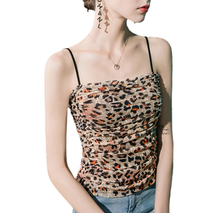 豹纹印花吊带女修身褶皱拼接美背2025秋季新款设计感女装洋气背心