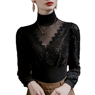 立领网纱拼接蕾丝小衫女2026秋季新款灯笼袖洋气女装上衣黑色显瘦