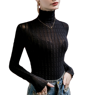 高领条纹提花蕾丝打底衫女修身2026秋季女装黑色T恤长袖上衣小衫