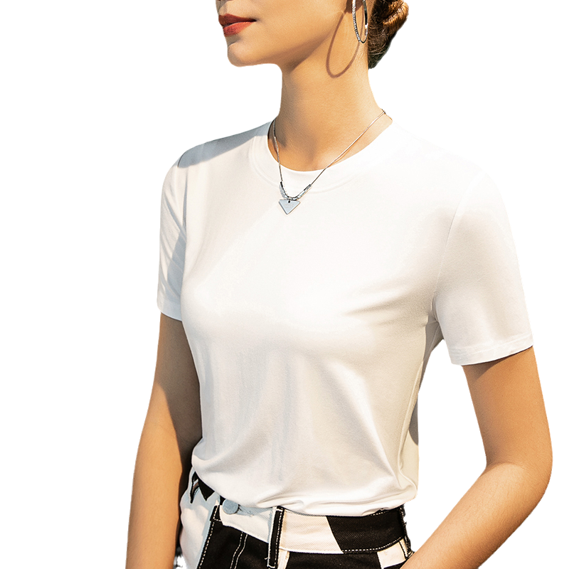 2025夏季新款莫代尔圆领T恤女短袖宽松显瘦白色半袖女装休闲上衣