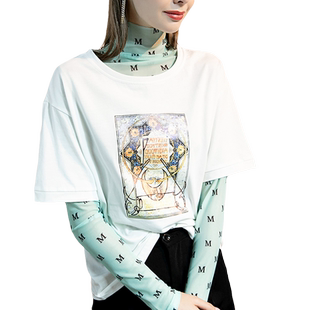 2026春季高领内搭防晒打底衫女网纱韩版性感透视字母百搭长袖T恤
