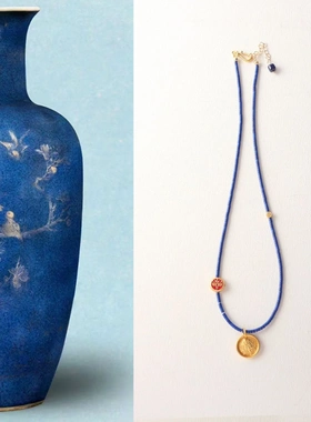 吉言财神沙金色吊牌项链女ins小众设计感蓝色锁骨链潮个性配饰