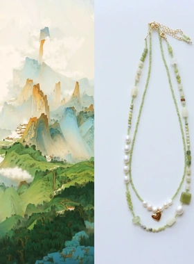 小众复古手工串珠颈链绿色天然石项链优雅气质淡水珍珠锁骨链