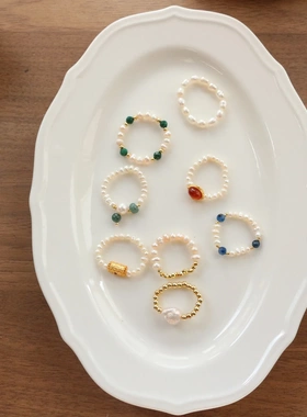 天然淡水珍珠蓝晶石翡翠戒指原创手作巴洛克高级感串珠米珠约指