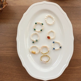 天然淡水珍珠蓝晶石翡翠戒指原创手作巴洛克高级感串珠米珠约指