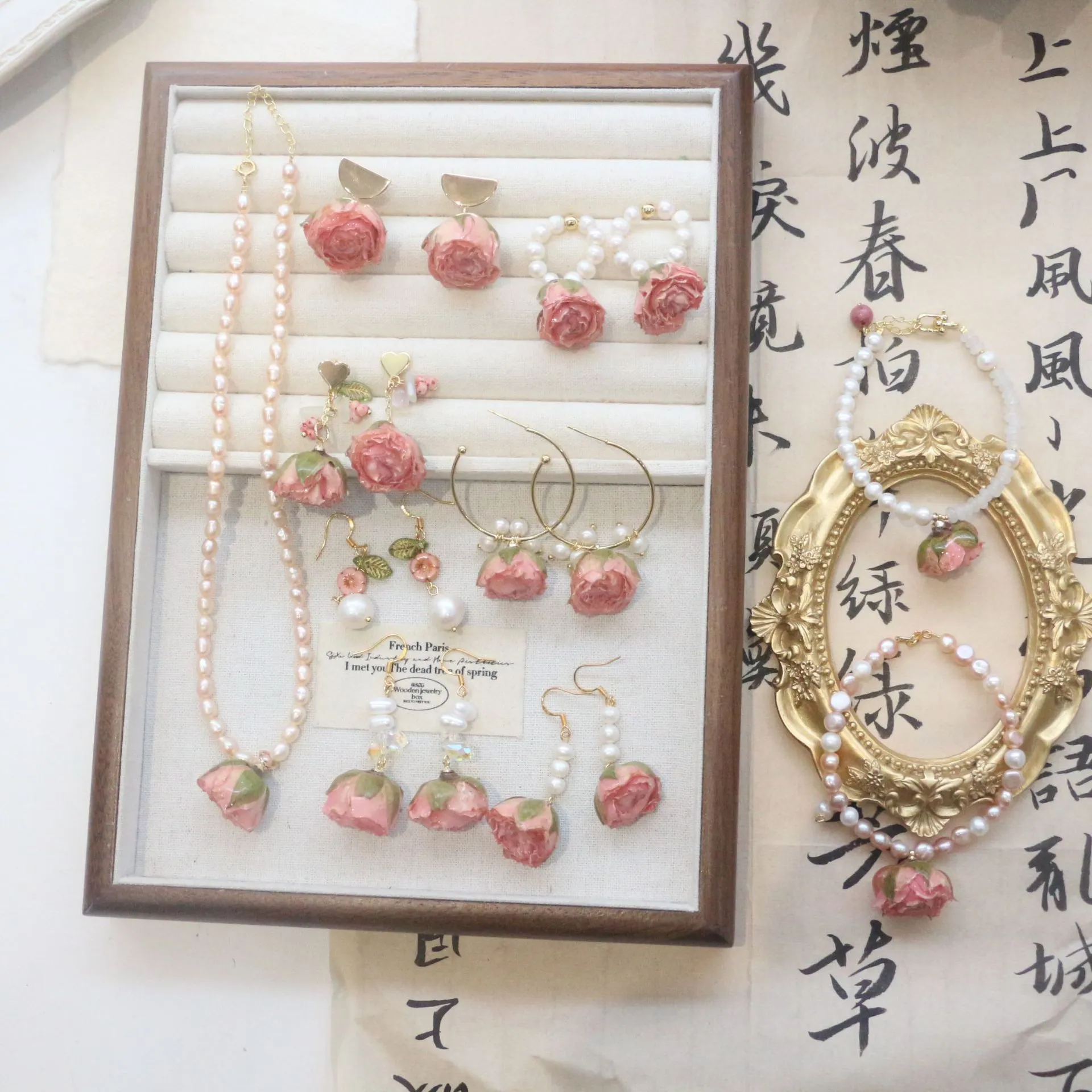 【粉色浪漫】玫瑰花干花永生花耳环耳坠手链饰品新款系