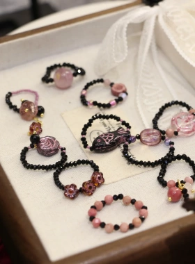 进口捷克珠黑粉搭配复古原创设计弹力绳串珠戒指