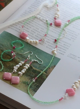 新中式国风项链粉澳宝单珠粉水晶长款国风旗袍项链甜美芭比粉