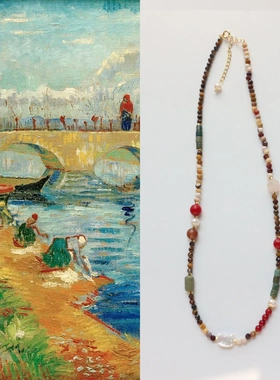 红绿配油画肌理天然石项链锁骨链个性原创设计串珠项链跨境货