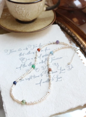 新中式国风复古珍珠手工串珠项链七彩天然石百搭气质锁骨链颈链