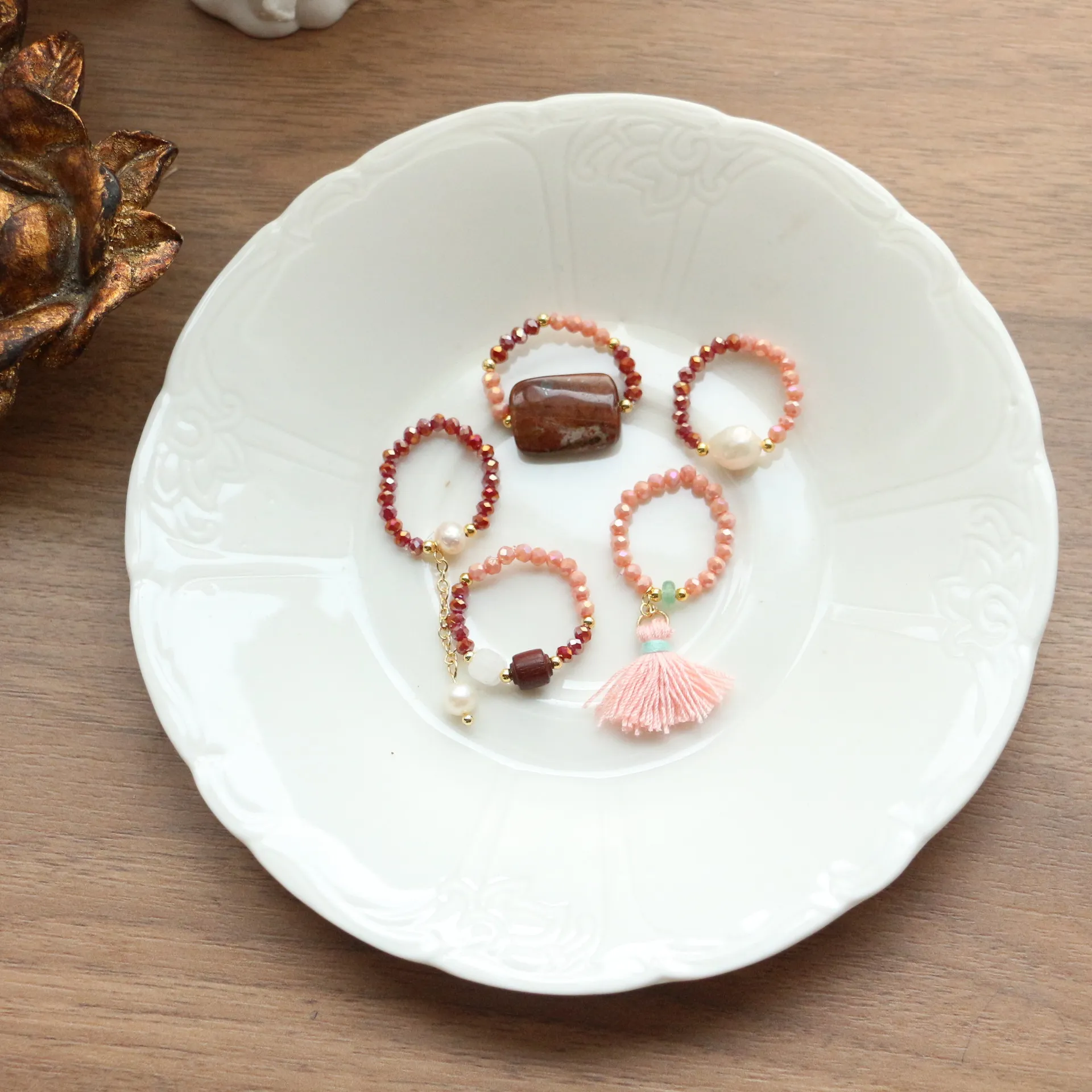 温柔风粉色巴洛克珍珠流苏戒指国潮民族风创意少女心串珠配饰指环