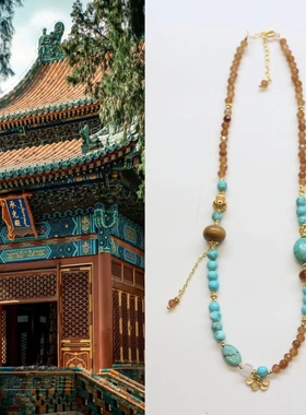 新中式国风项链小众松石绿单珠粉水晶长款国风旗袍项链