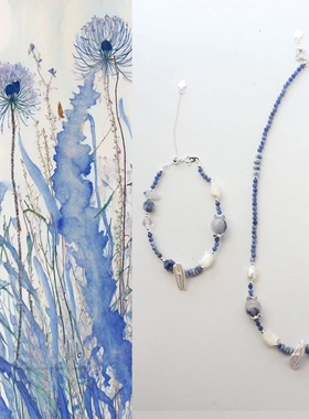 【蓝色蒲公英】原创海蓝色天然蓝纹石贝母巴洛克珍珠项链手链戒指