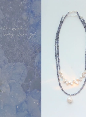 国风复古堇青石天然再生花瓣珍珠项链锁骨链女生高颜值饰品