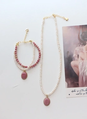 红纹石双层手链项链套系组合串珠饰品原创手作红纹石颈链锁骨链