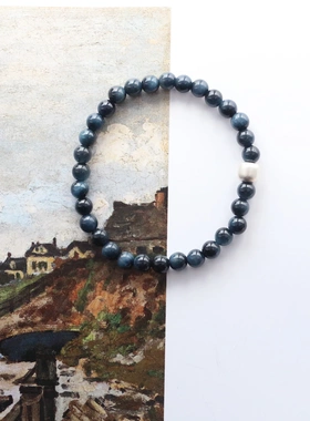 墨蓝色虎眼石手串男女同款细款925银手链简约基础款天然石串珠