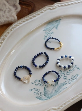 原创新中式青金石手工串珠戒指小众复古珍珠手链项链锁骨链食指戒