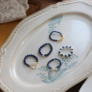 原创新中式青金石手工串珠戒指小众复古珍珠手链项链锁骨链食指戒