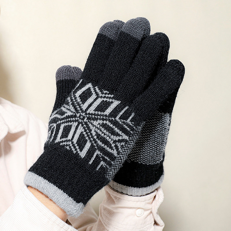 双层加厚手套学生冬天保暖触屏骑行开车防寒卡通小鹿毛线针织手套