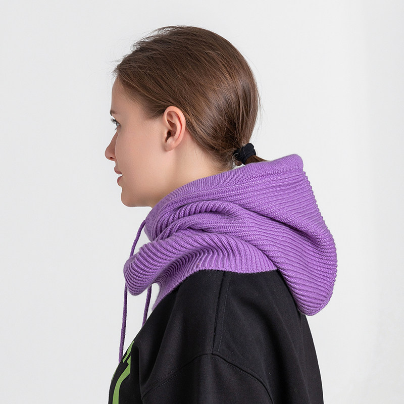 含羊毛高级针织围脖帽子一体男女保暖毛线针织套头帽连帽围巾抽绳