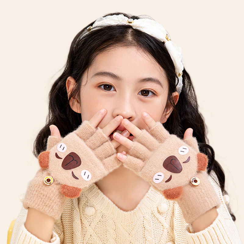 儿童手套秋冬男女童加厚保暖翻盖五指可爱小孩写字半指毛线手指套