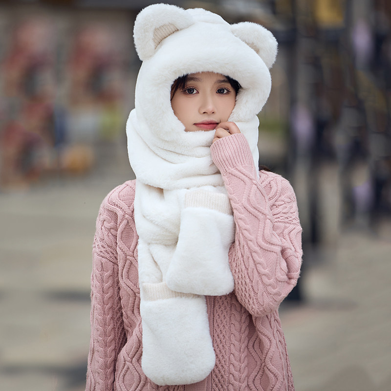 秋冬季小熊熊帽子围巾一体女冬天保暖毛绒手套三件要可爱连帽护耳