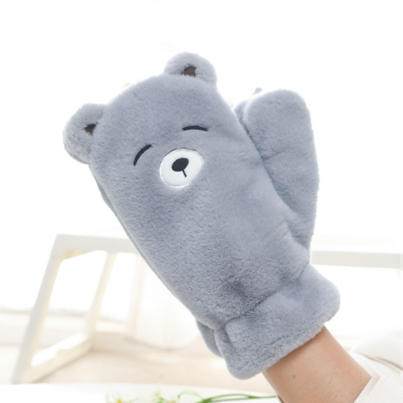 可爱卡通小熊毛绒手套女冬季加绒保暖可挂脖骑行防寒学生全包连指