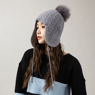 冬季羊绒狐狸毛球帽子女士绒线针织小辫帽子系带包头护耳防风帽
