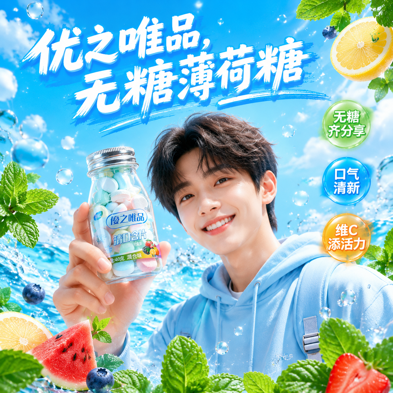 优之唯品无糖薄荷糖柠檬味压片糖维C清口含片口气清新糖果零食