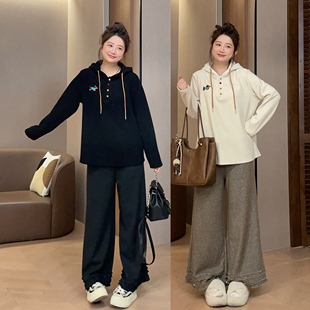 显瘦套装 大萌萌微胖定制 25年秋冬百搭加绒连帽卫衣木耳边直筒裤