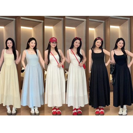 大萌萌微胖定制26春夏白月光吊带连衣裙素色拼接收腰女裙显瘦套装