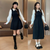 大萌萌微胖定制25秋冬静奢风撞色拼接假两件收腰小黑裙显瘦连衣裙
