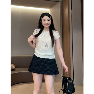 大萌萌微胖定制 26夏季时尚肌理短袖T恤波点百褶半裙显瘦女生套装