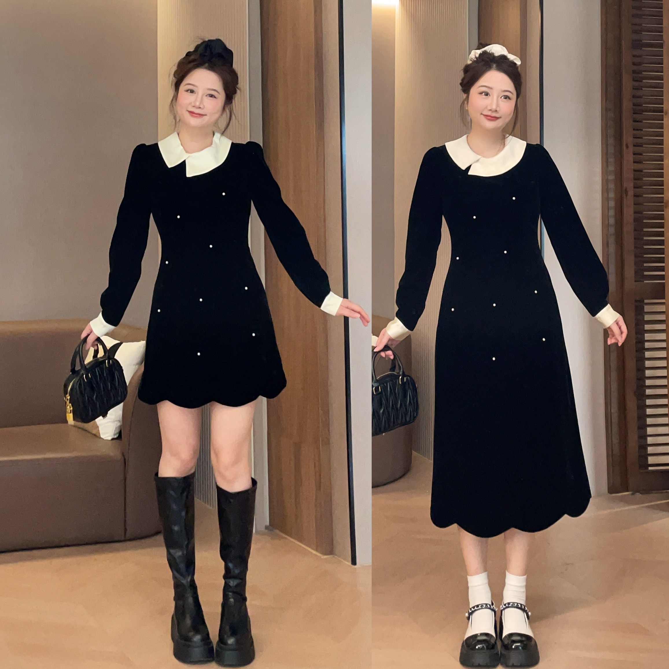 秋冬法式撞色拼接收腰花边连衣裙